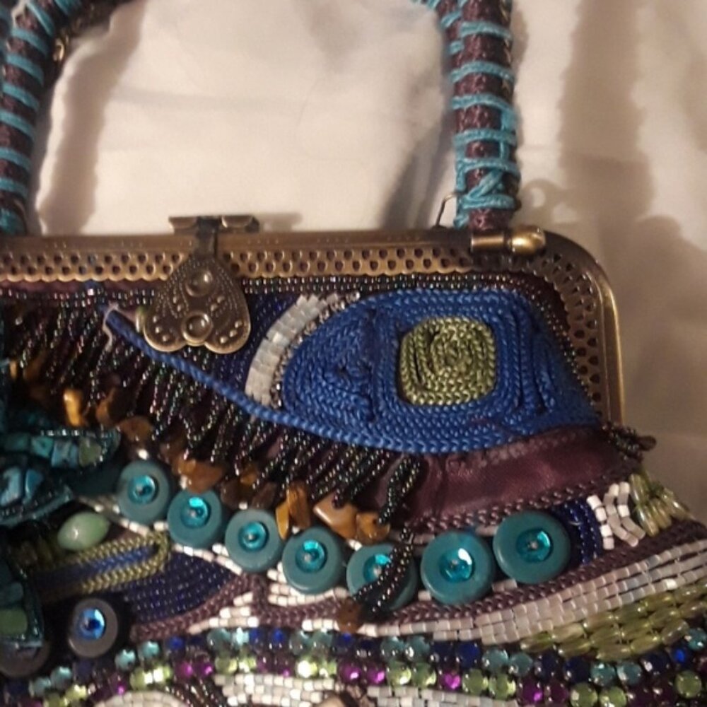 Chico's Beaded Purse in Blue Aqua and Turquoise Satchel Shoulder Crossbody - Picture 5 of 6